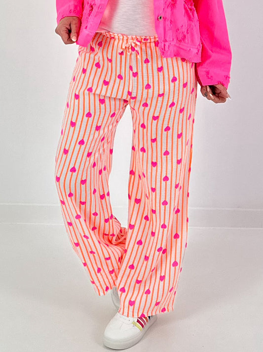Musselin Hose mit Streifen - neonorange-weiss-pink
