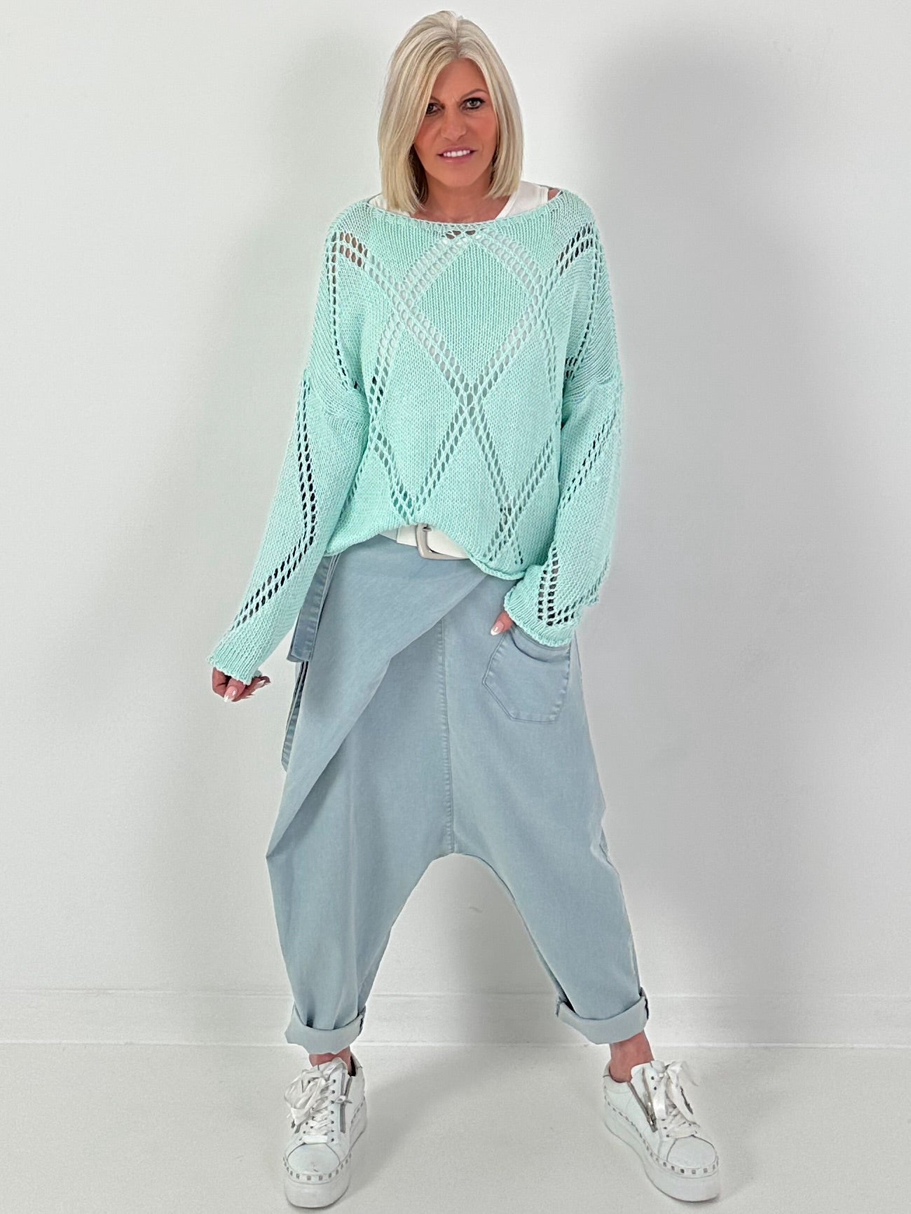 Gehaakte trui met ruitpatroon - mintgroen