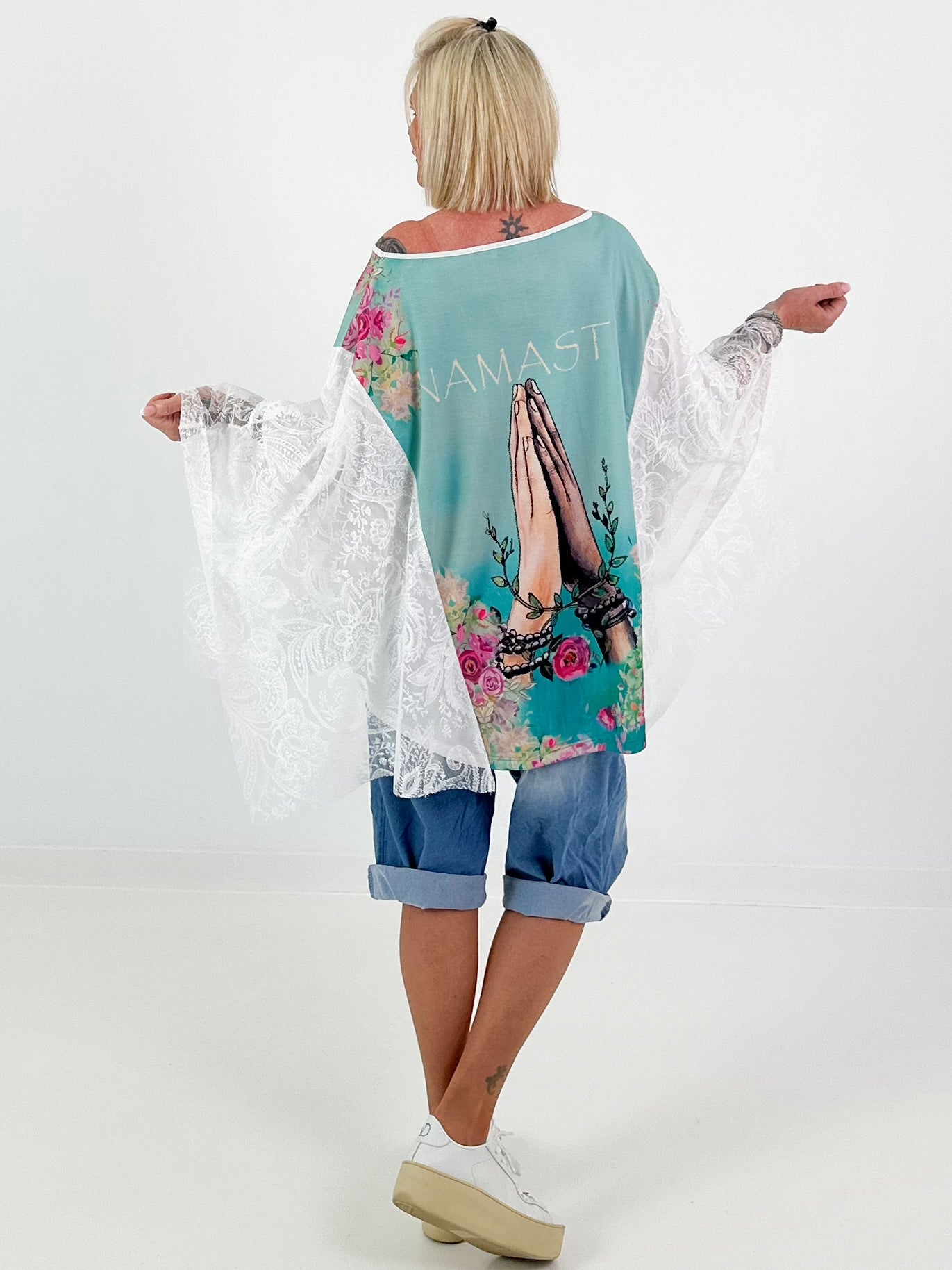 Shirt met print en kanten overlay - turquoise-wit-multicolor