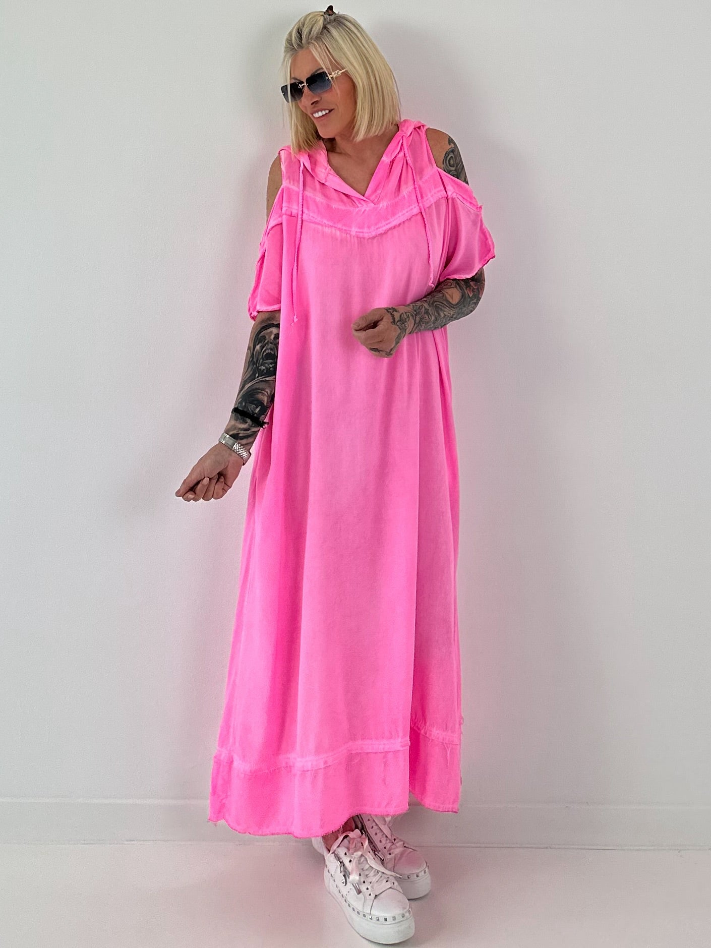 Neon pink cold shoulder hoodie dress