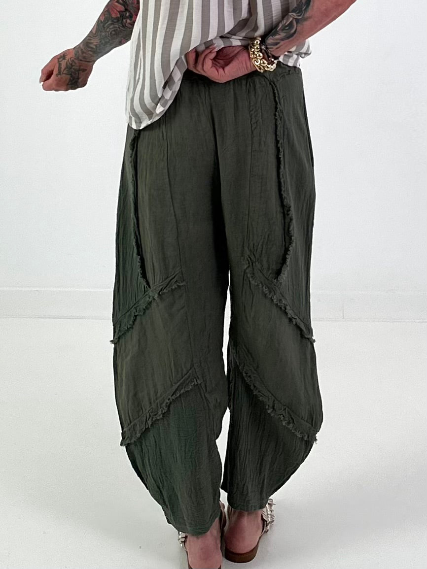 Ballon Leinen Hose mit Fransen Details - khaki