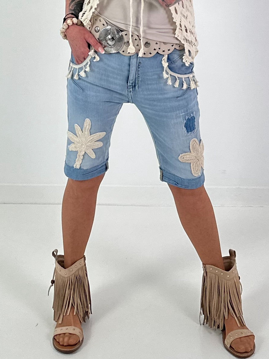 Denim Shorts with Crochet Patches