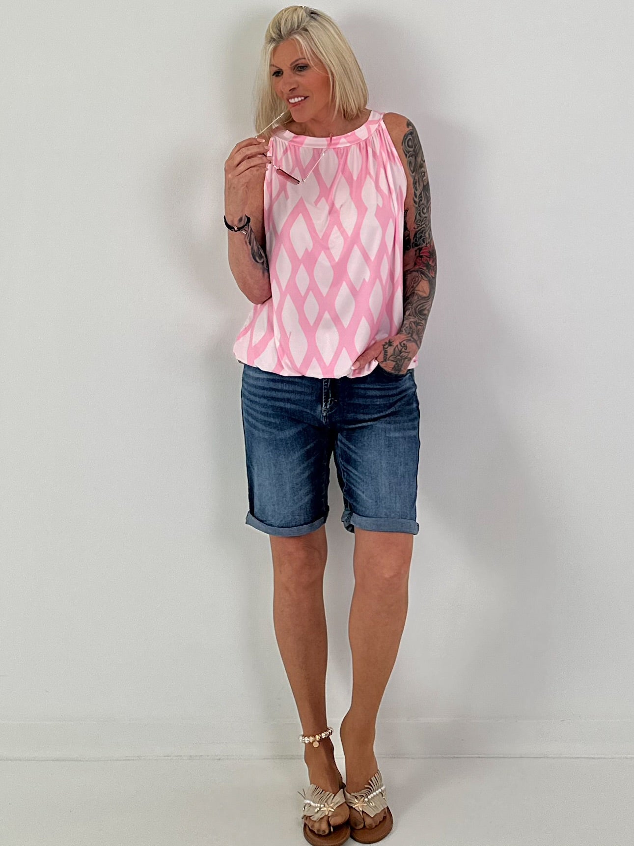 Halter-Neck Top with Allover Pattern - white-pink