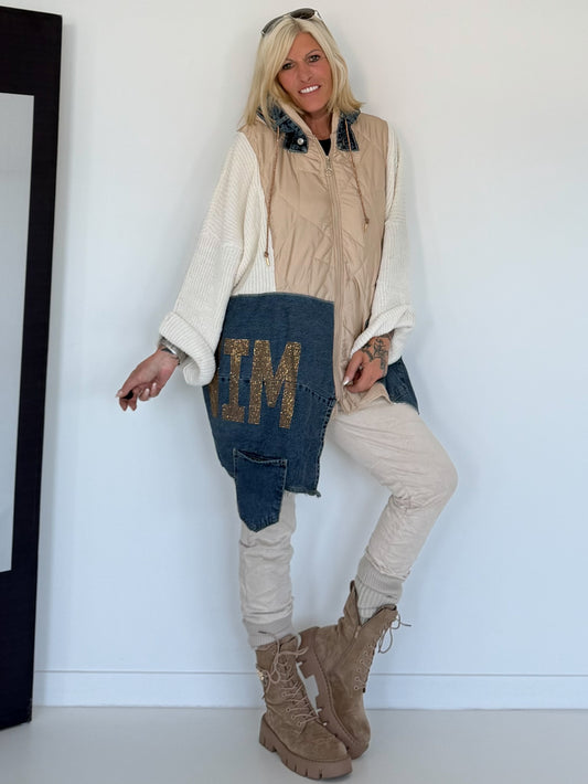 Asymmetrische Oversized Jacke im Materialmix - beige-ecru-denim