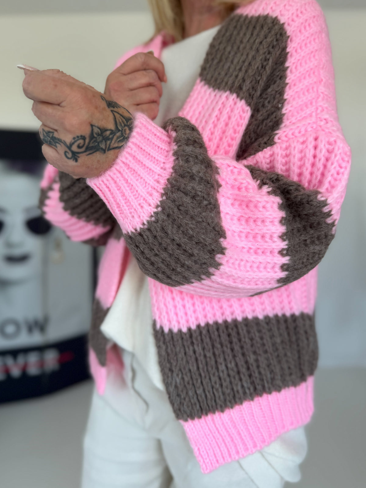 Strickjacke mit Blockstreifen - rosa-taupe