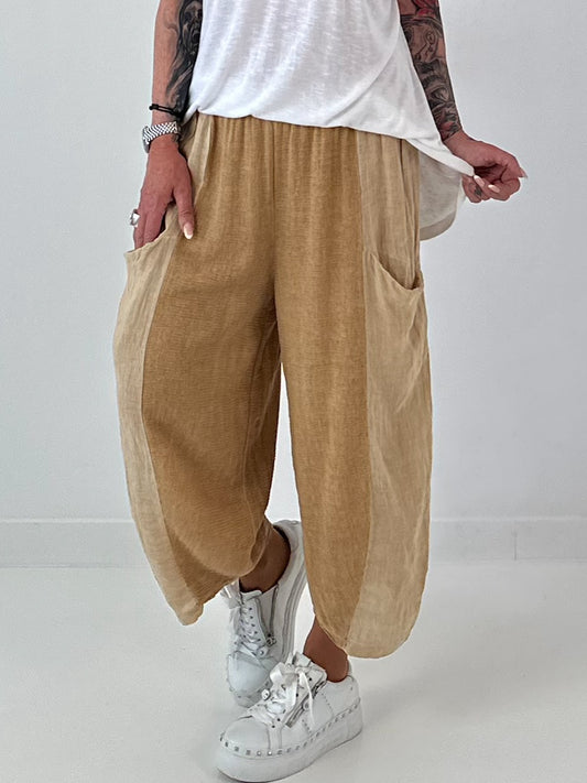 Balloon Linen Trousers with Fringe Details - taupe