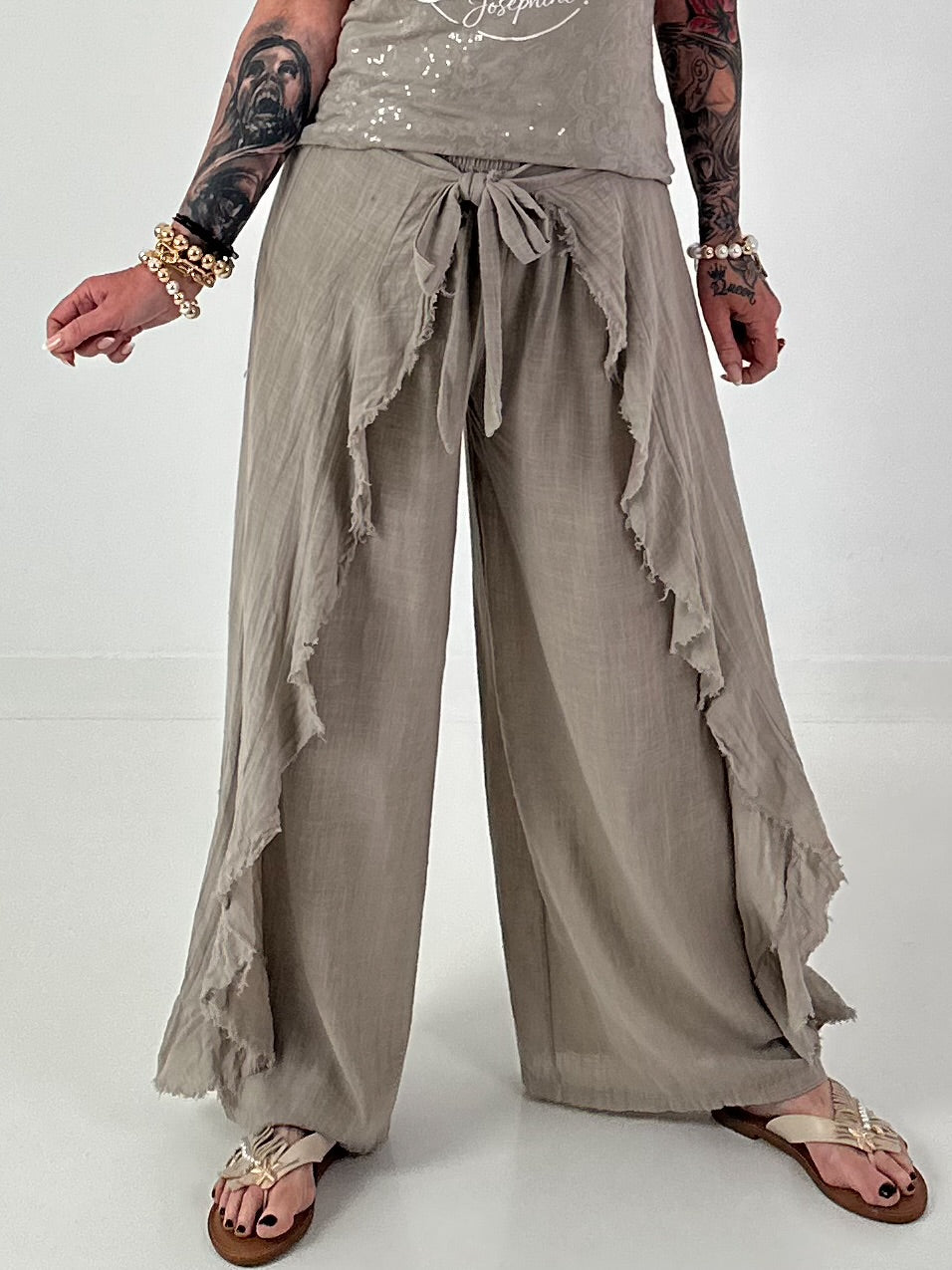 Wijde broek met bindstrook - taupe