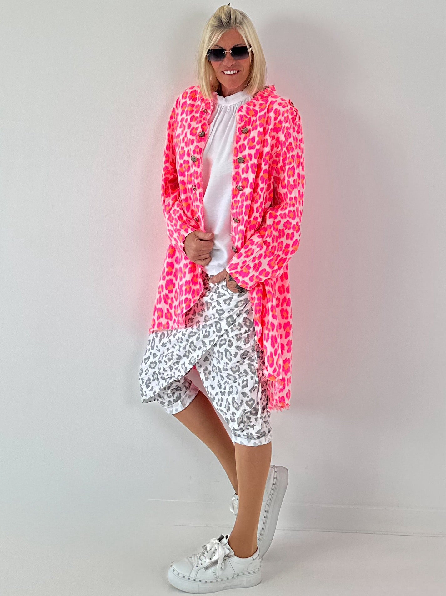 Oversized Leinen-Military Mantel Leo - weiss-neonpink-neonorange