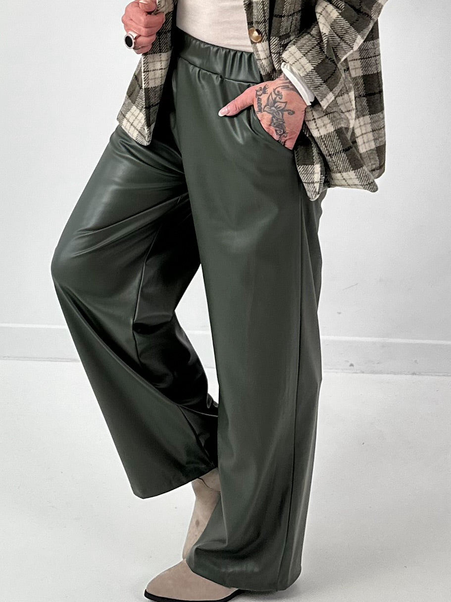 Leather-look trousers, model "Smooth Faux" - olive