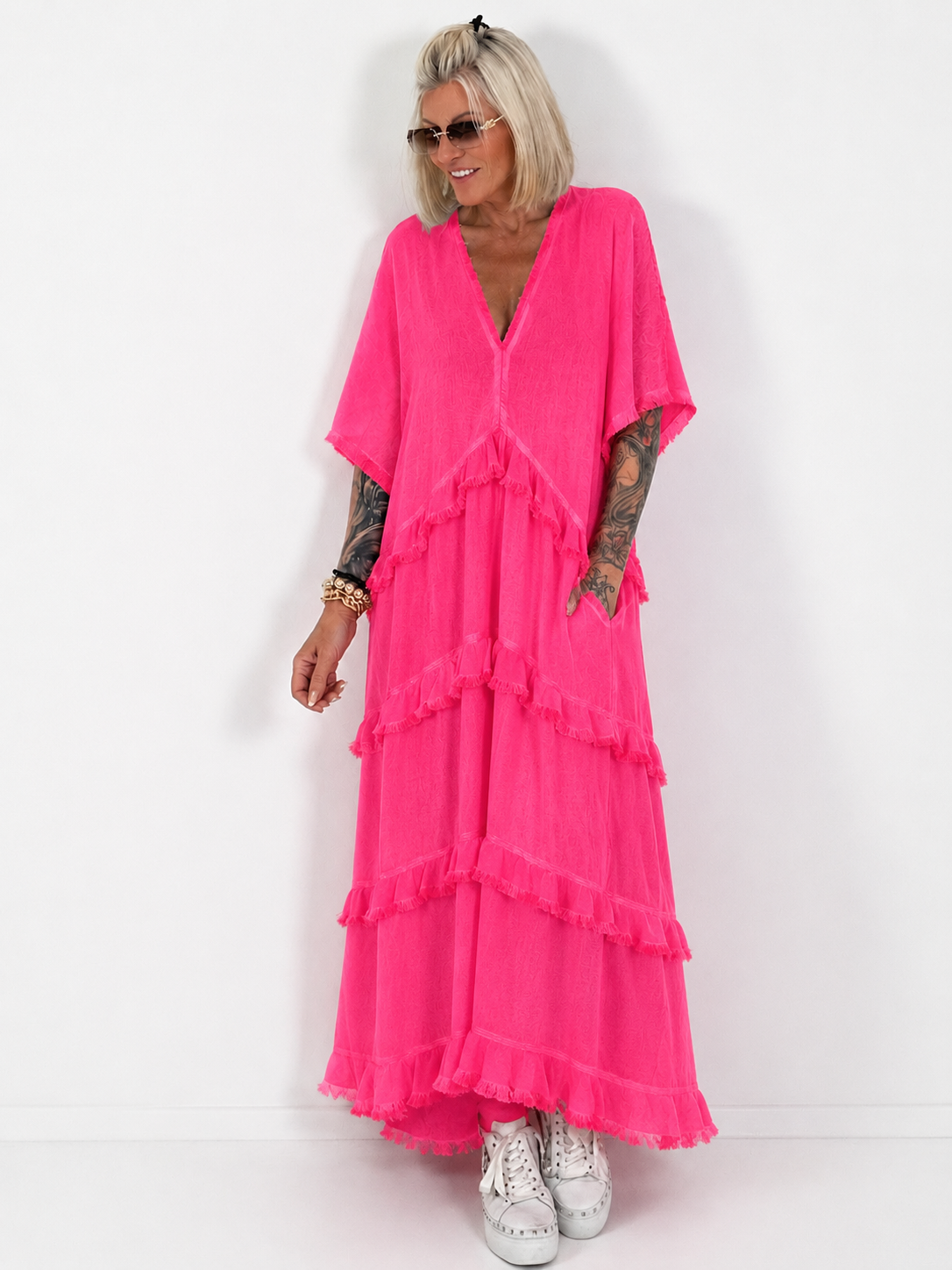 Long dress with fringe and flounces - neon pink (available from 29.05.26)