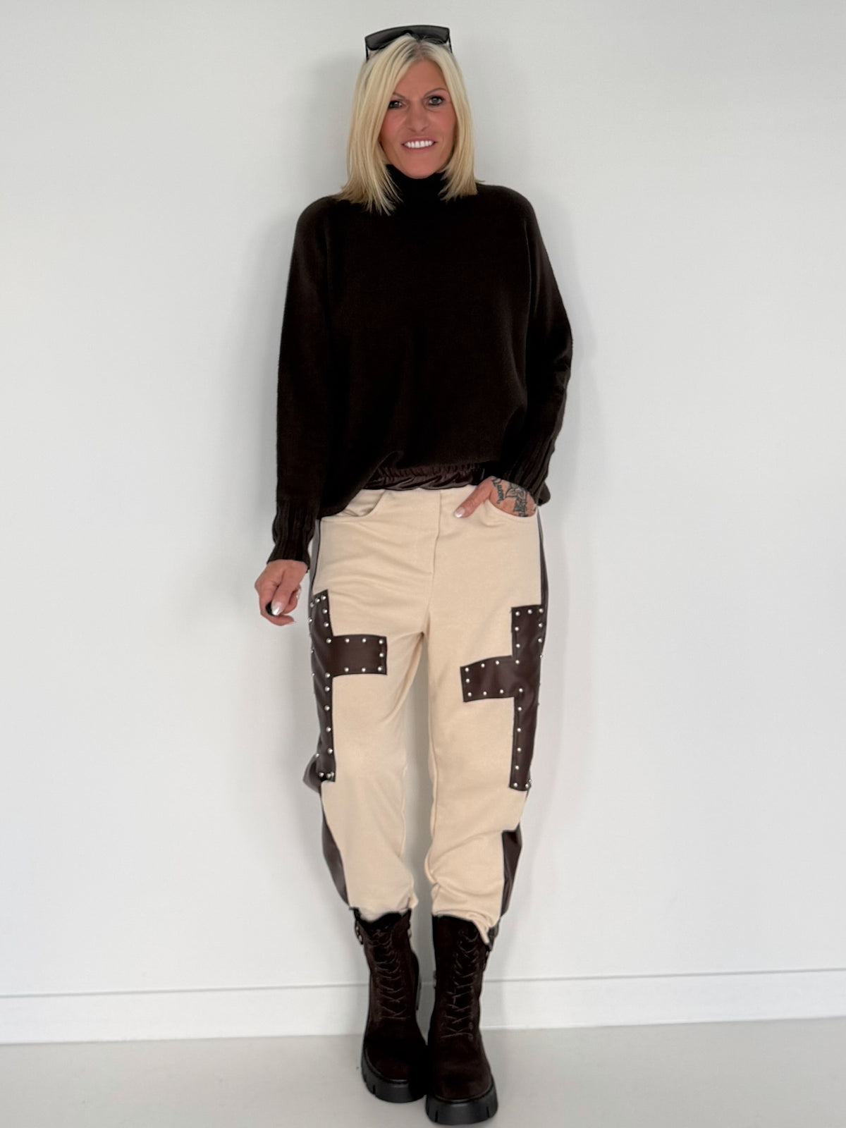 Sweathose im Materialmix - beige-mokka