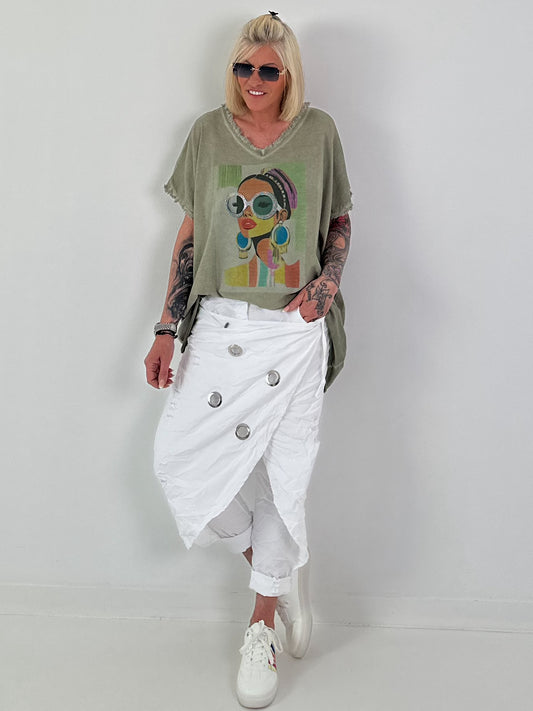 Oversized Shirt with Front Print - Khaki