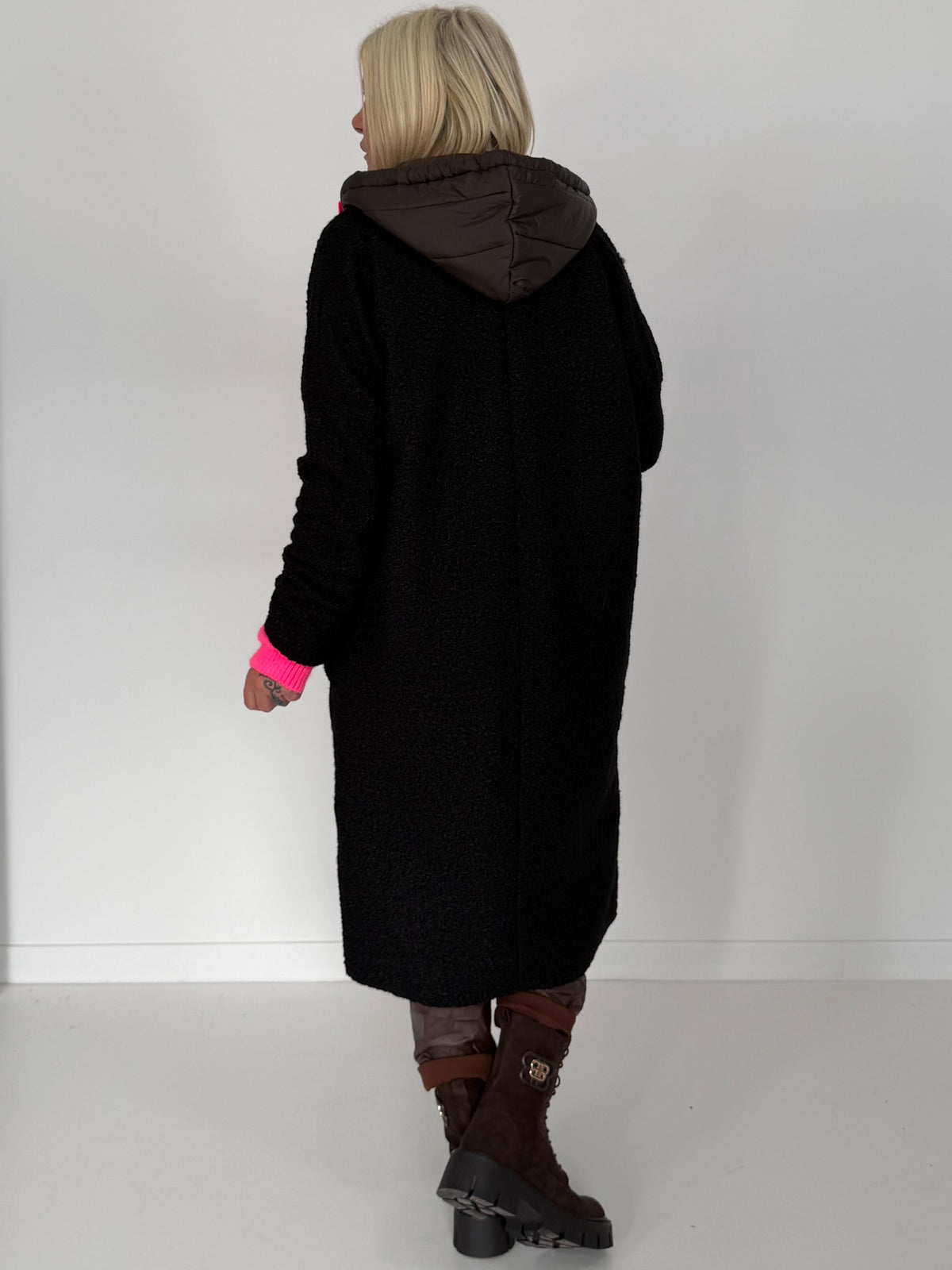 Coat with teddy curl look and neon accents - black