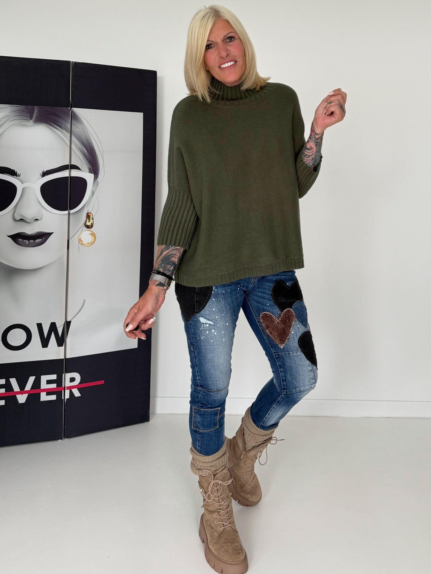 Strickpullover mit Turtleneck - oliv