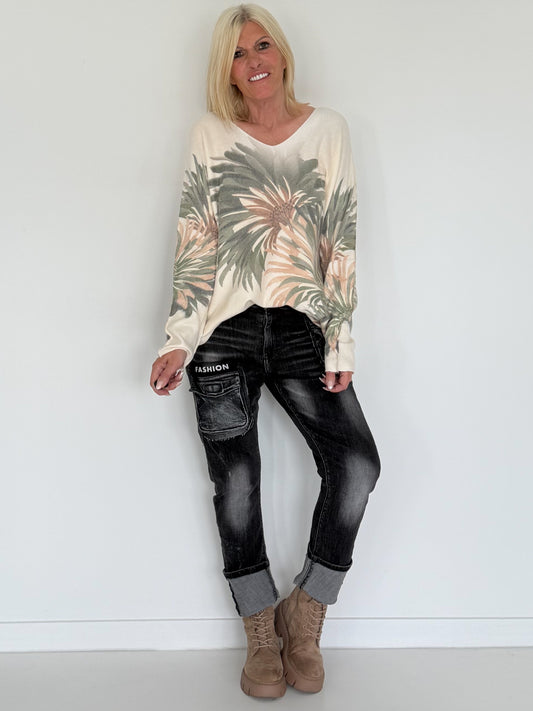 Pullover mit V-Ausschnitt und Botanical-Print - creme-oliv