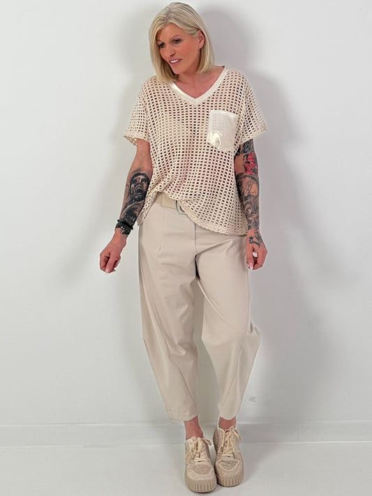 Häkelshirt mit V-Ausschnitt - beige