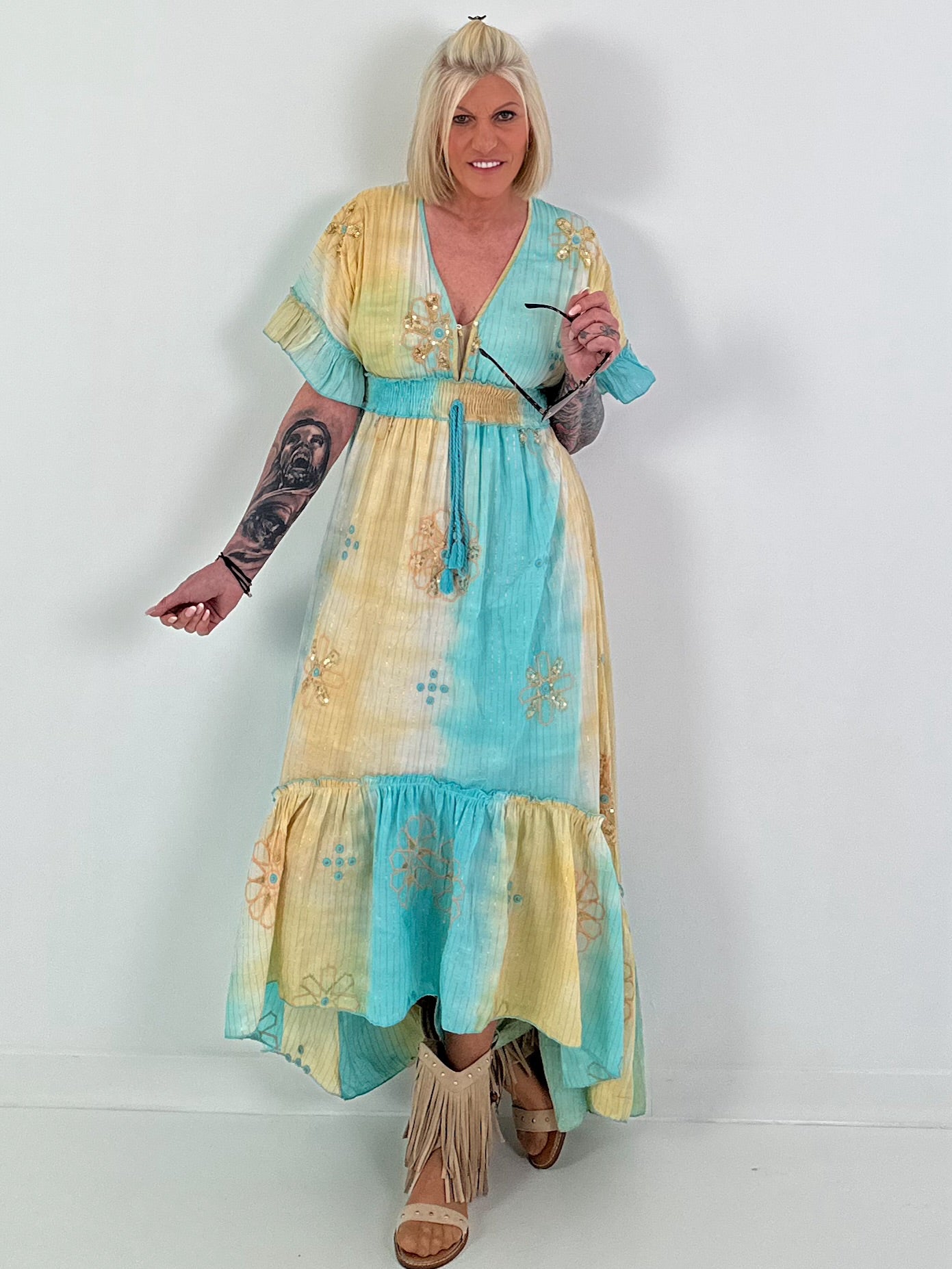 Ibiza Dress with Sequins and Ruffles - turquoise-yellow-multicolored
