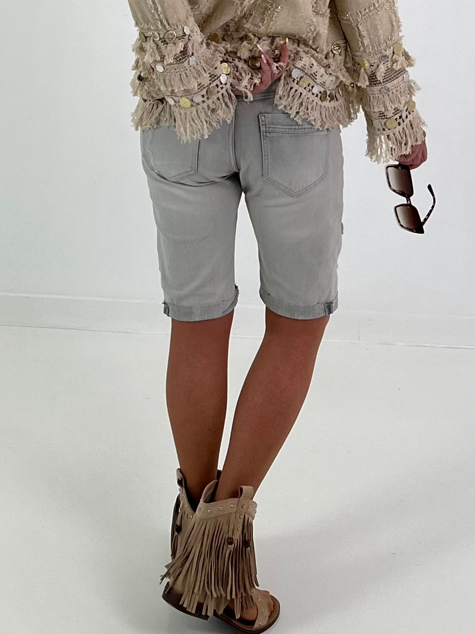 Jeans Shorts with Crochet Patches - Grey