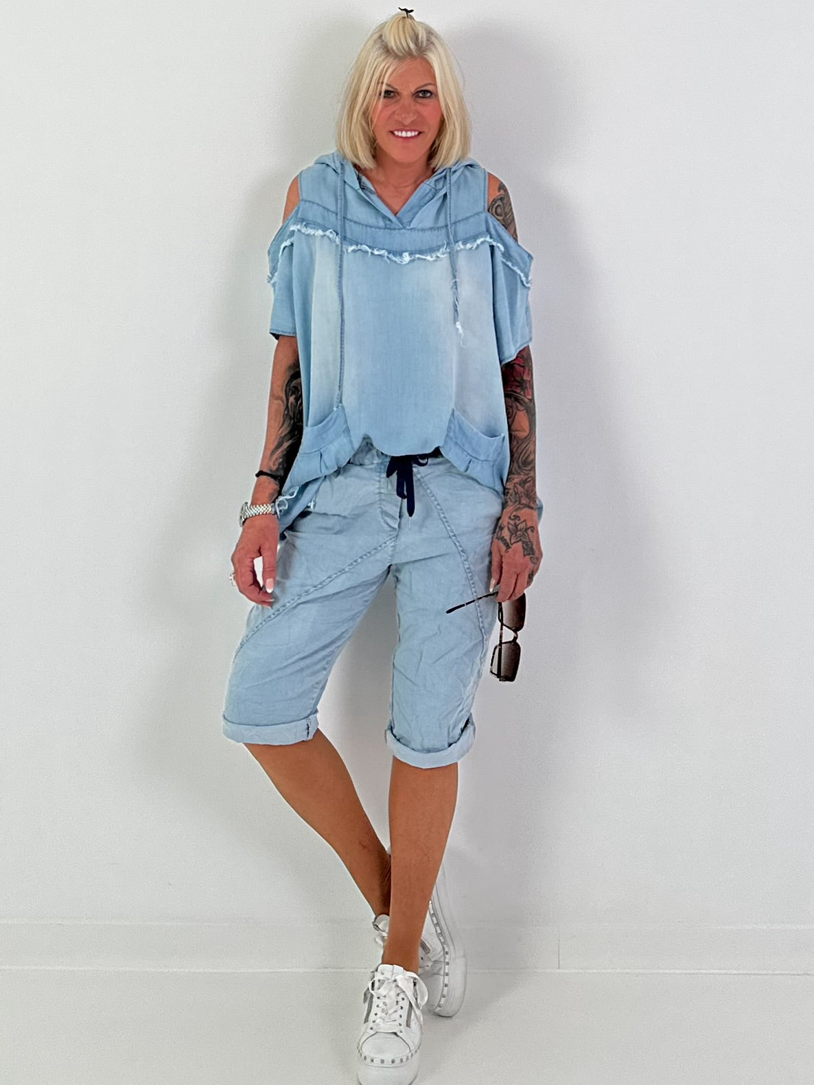 Jeans Shirt with Off-Shoulder Cut-Outs - Light Blue (available from May 14, 2026)