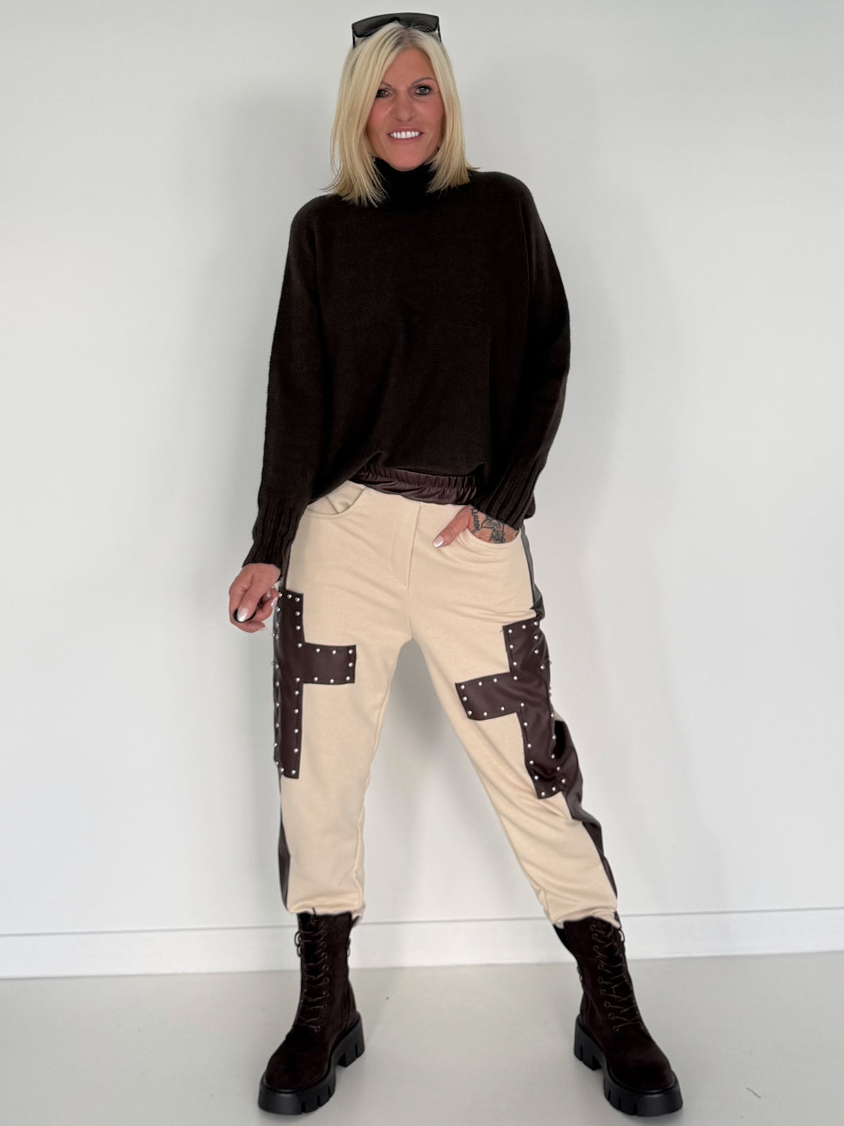 Sweathose im Materialmix - beige-mokka