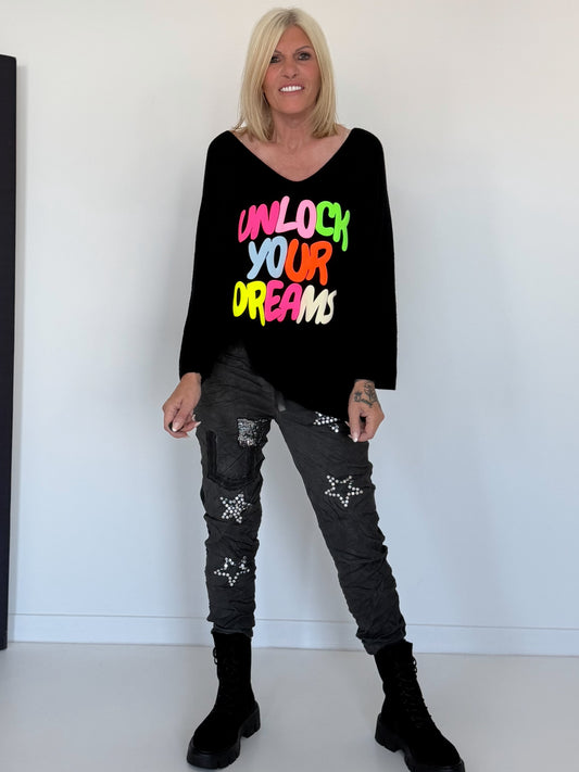 V-neck sweater Unlock Your Dreams - black-multicolored