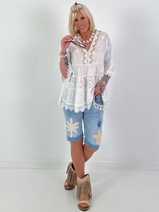 Boho tunic with embroidery and crochet details - white