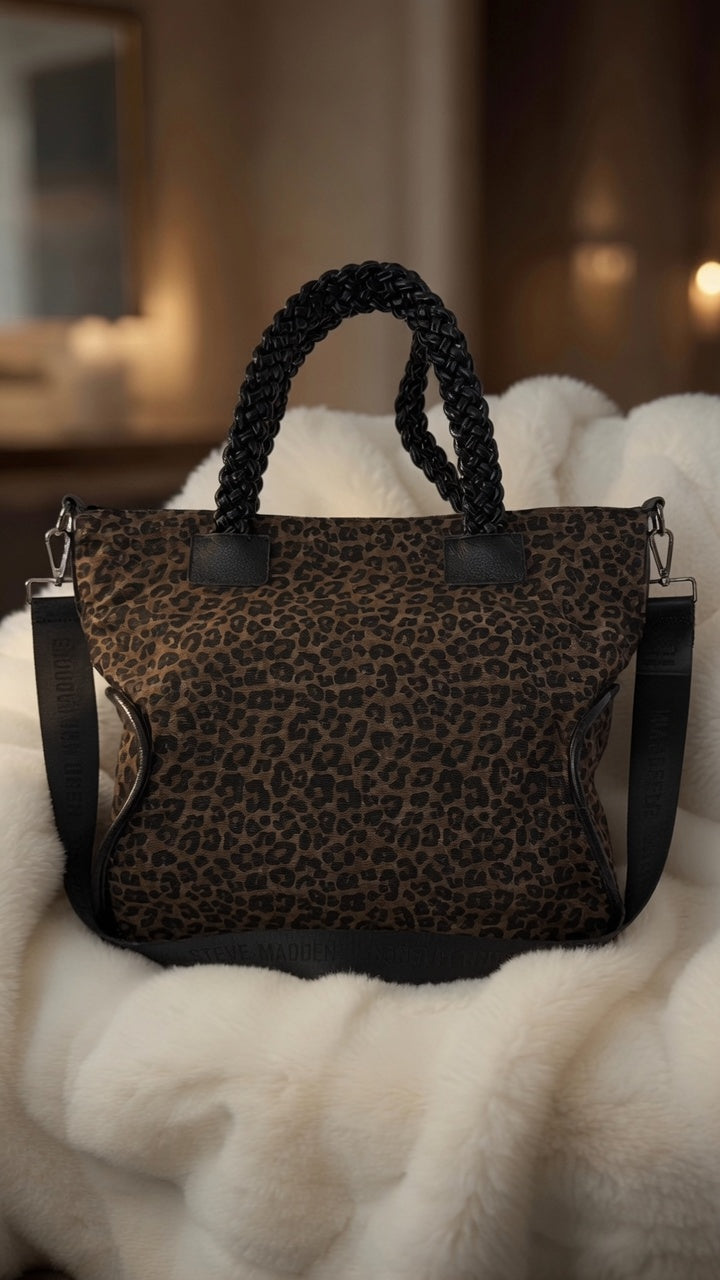 Stylish Canvas Bag with Genuine Leather Details Skull - black-silver-leopard mocha