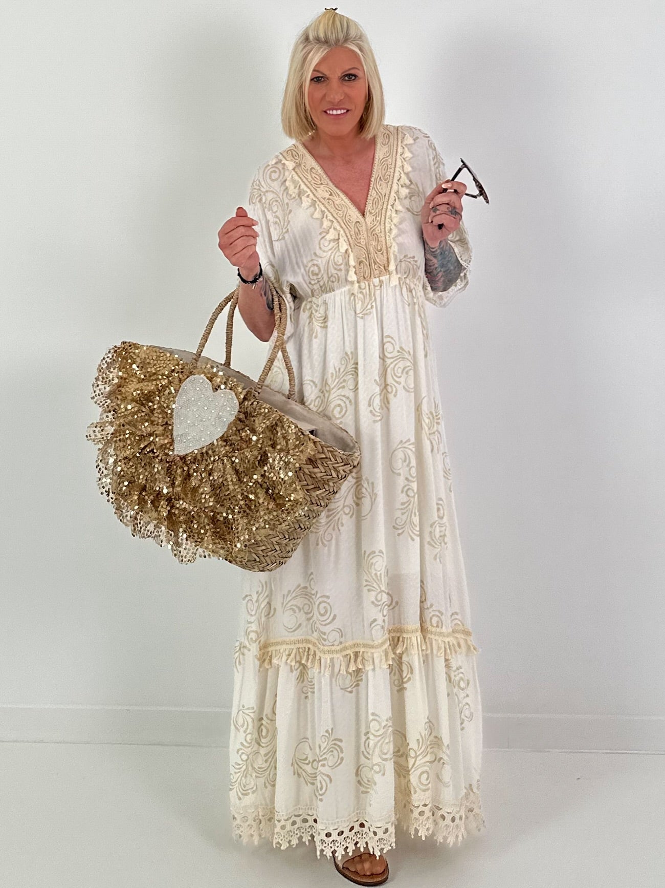 Boho dress with all-over pattern and crochet details - white