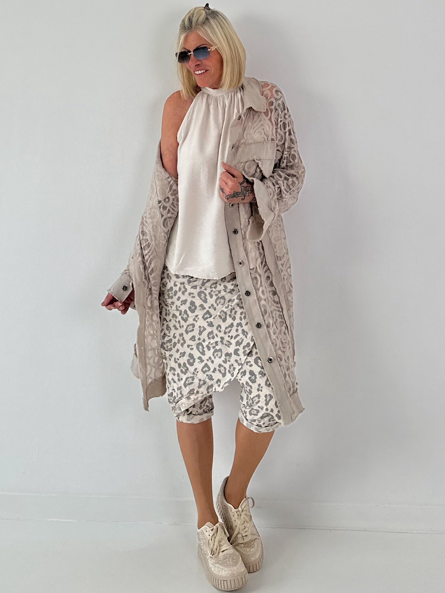 Stylische Hose mit Überwurf im Knit-Look - beige
