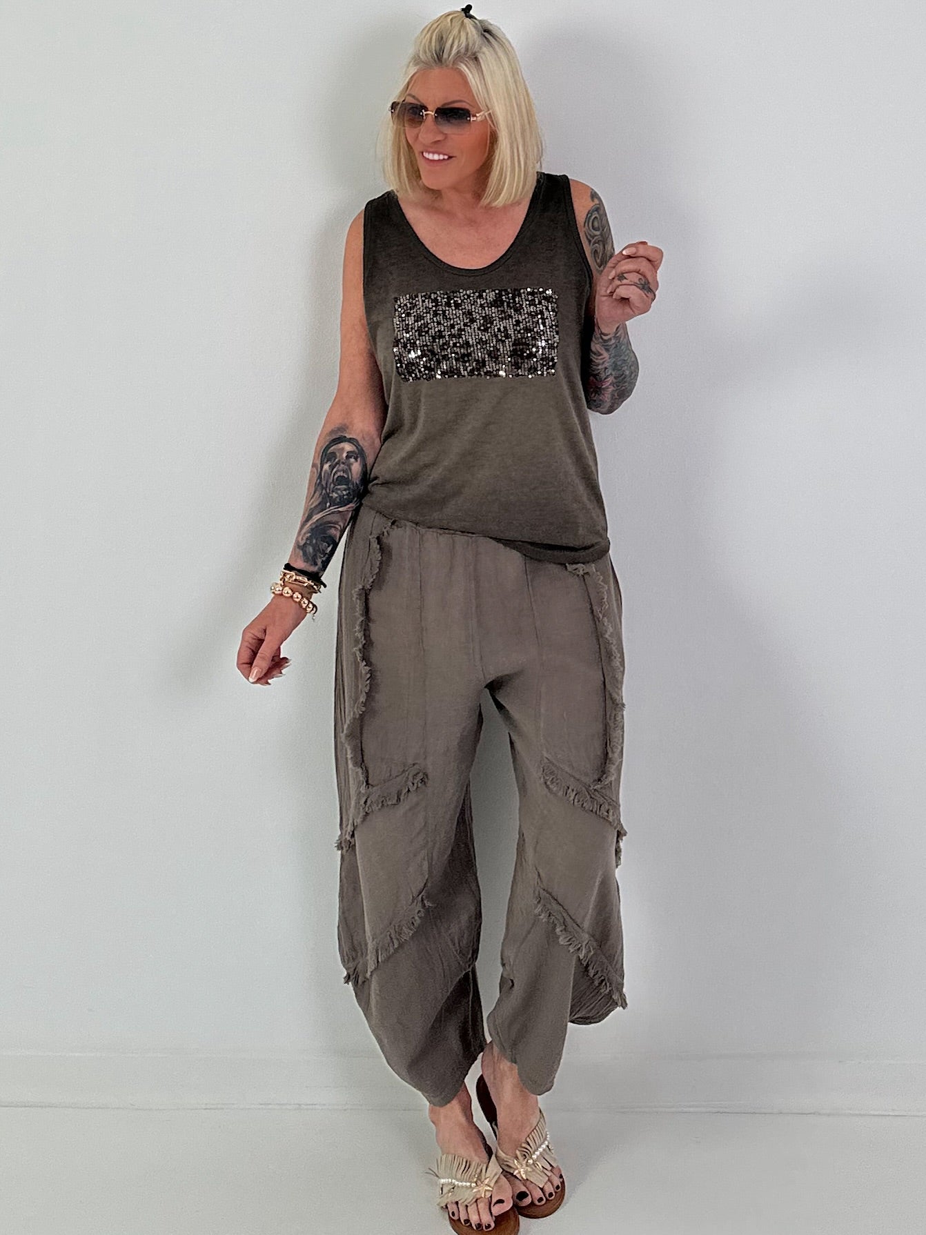 Fine Knit Top with Leopard Patch - chocolate