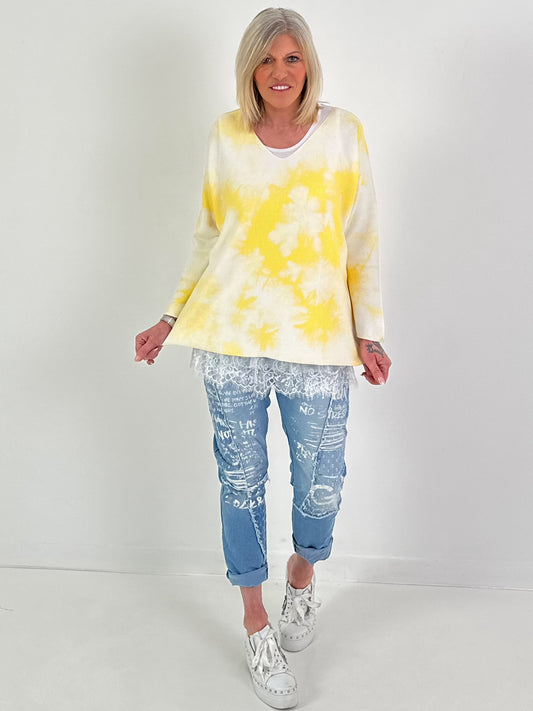 Pullover Batikmuster - weiss-gelb