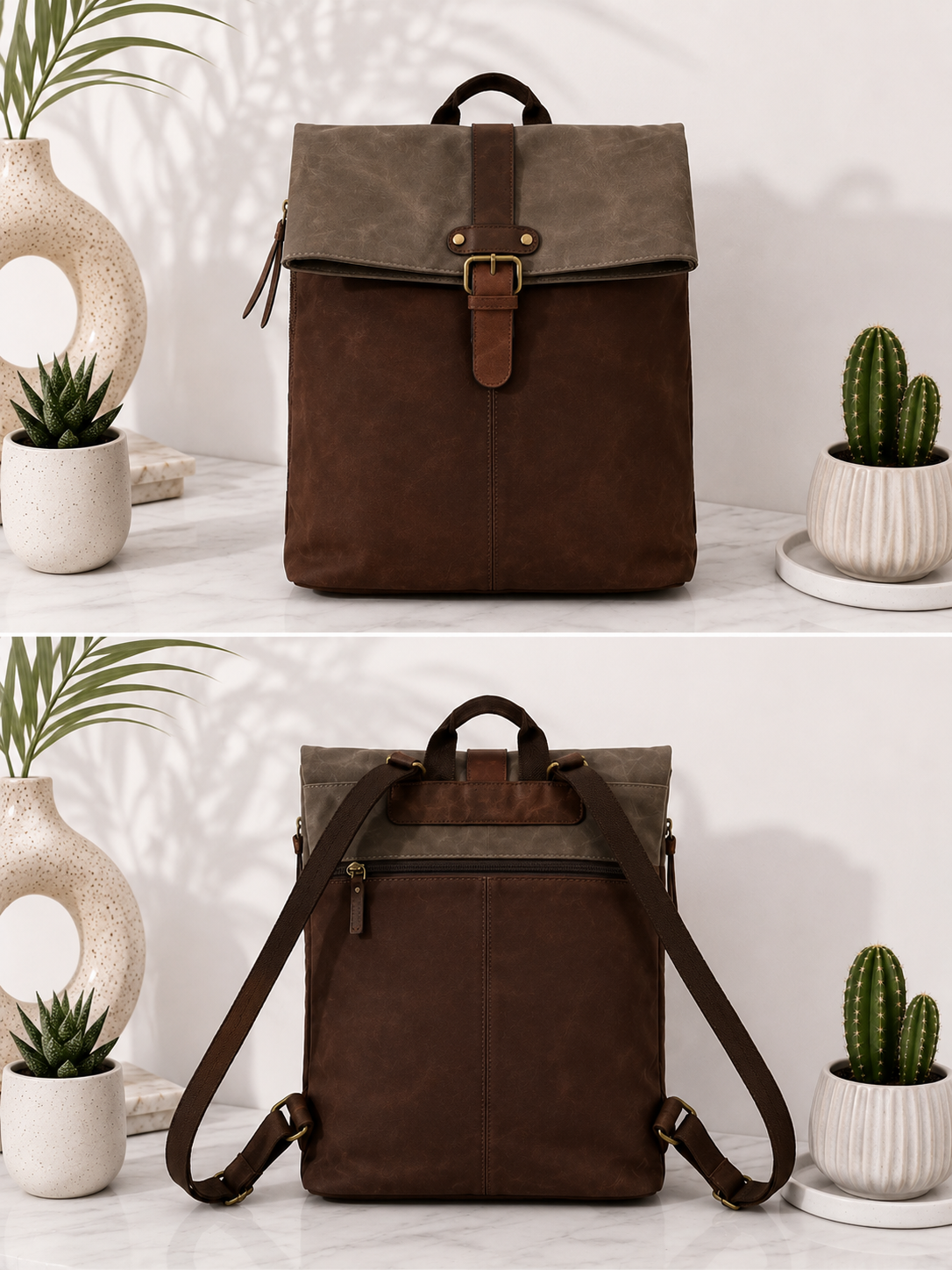 Backpack in vintage leather look - coffee -soil