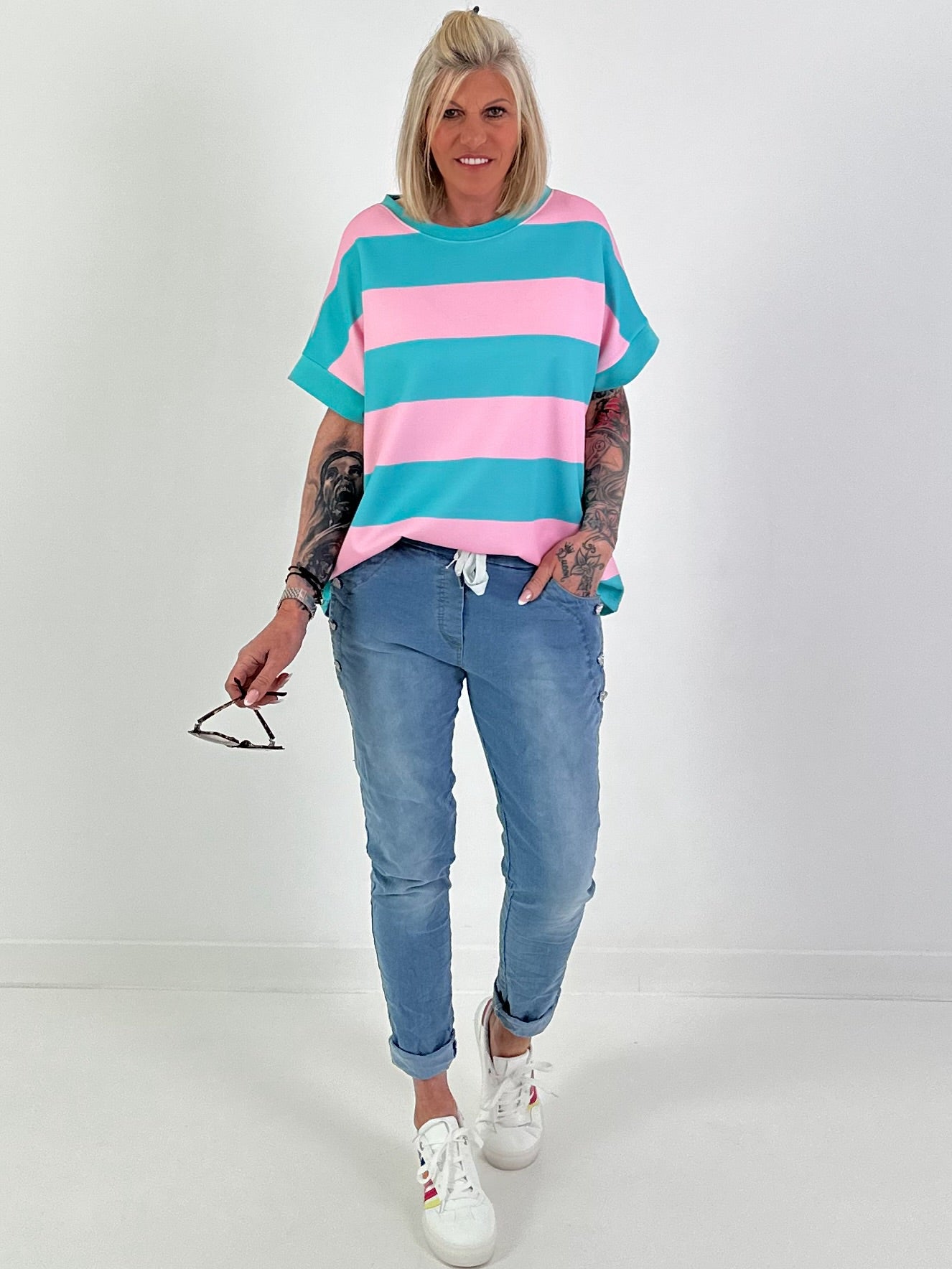 Sweat T-Shirt mit Streifen - türkis-rosa