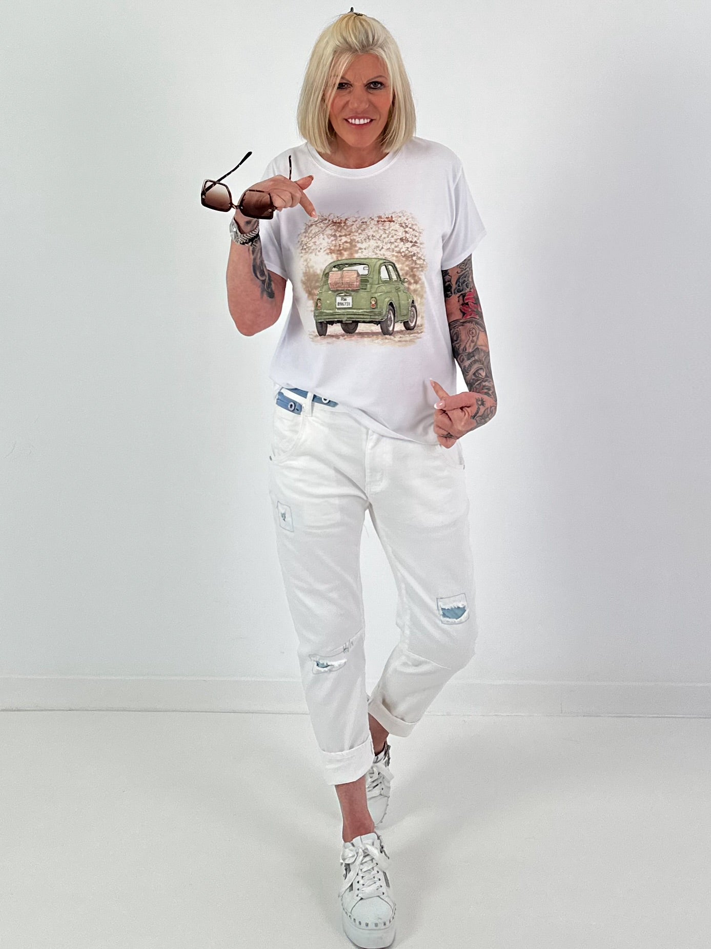 T-Shirt Glitzer Car - weiss-khaki