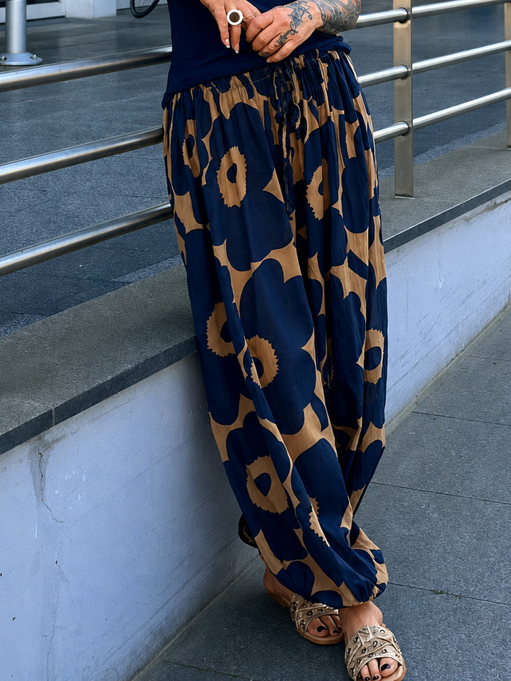 Leichte Pumphose mit floralem Print  - blau-camel
