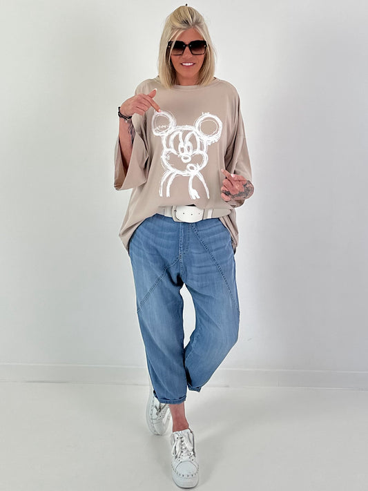Oversized T-Shirt mit Comic Maus - beige