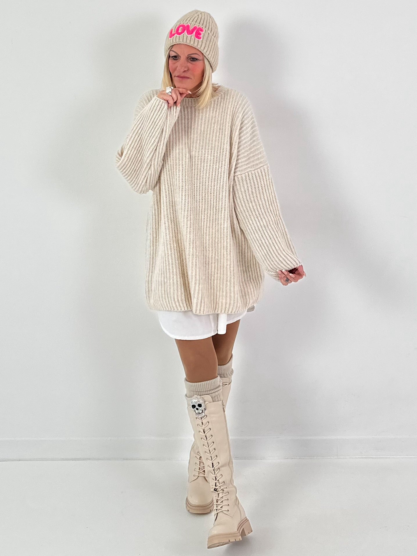 Long sweater model "Rib Relaxe" - beige