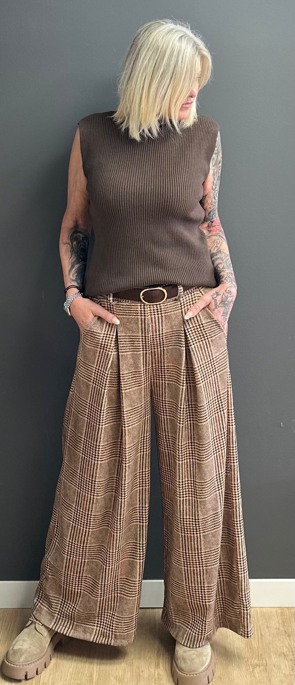 Checked Marlene trousers model "Check Class" - brown-multicoloured