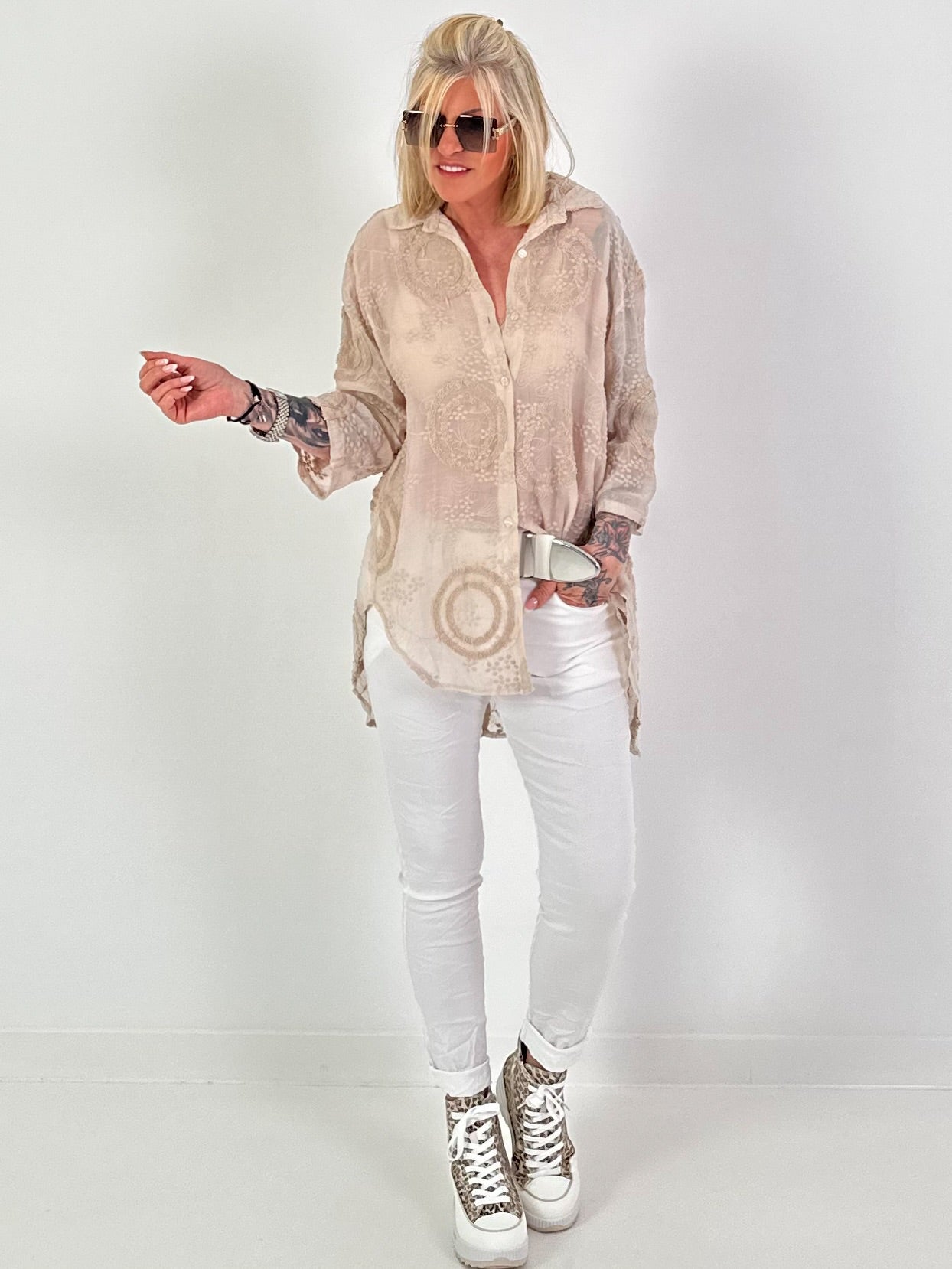 Silk blouse with terry applications - beige