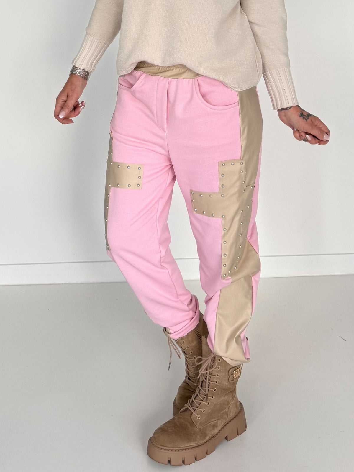 Sweathose im Materialmix - rosa-beige
