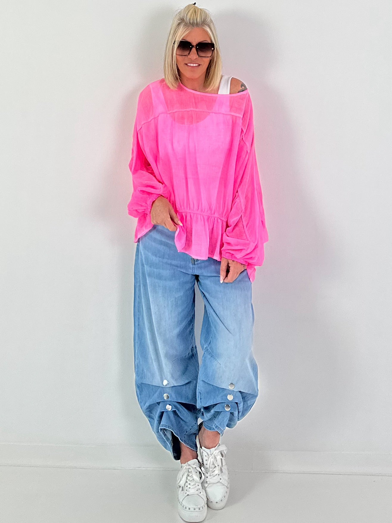Tunic with flounce hem - neon pink