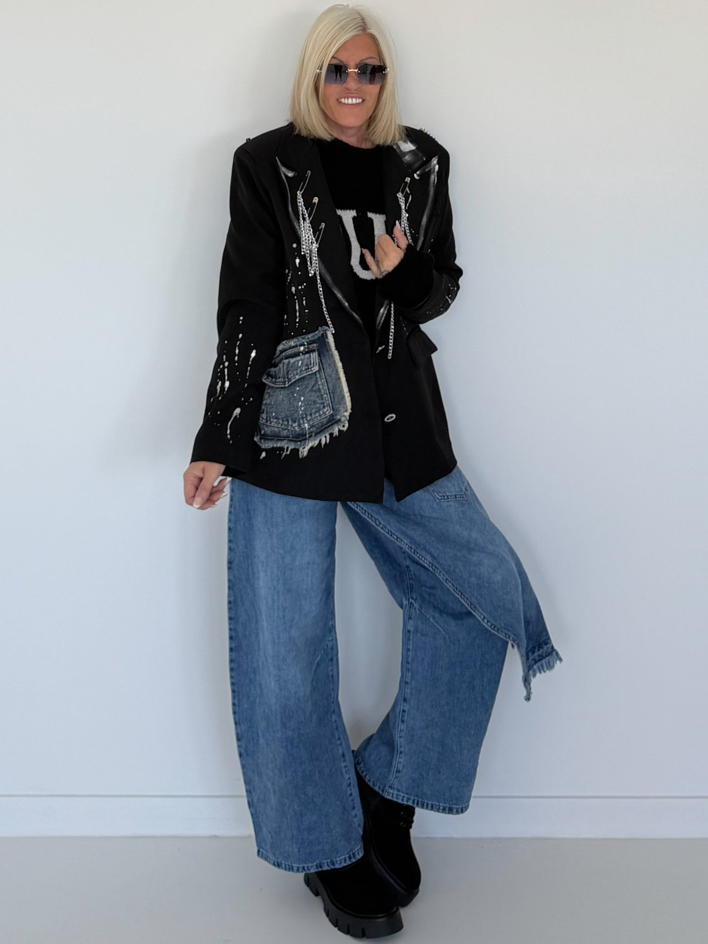 Oversized Blazer mit Denim- und Kettenelementen - schwarz