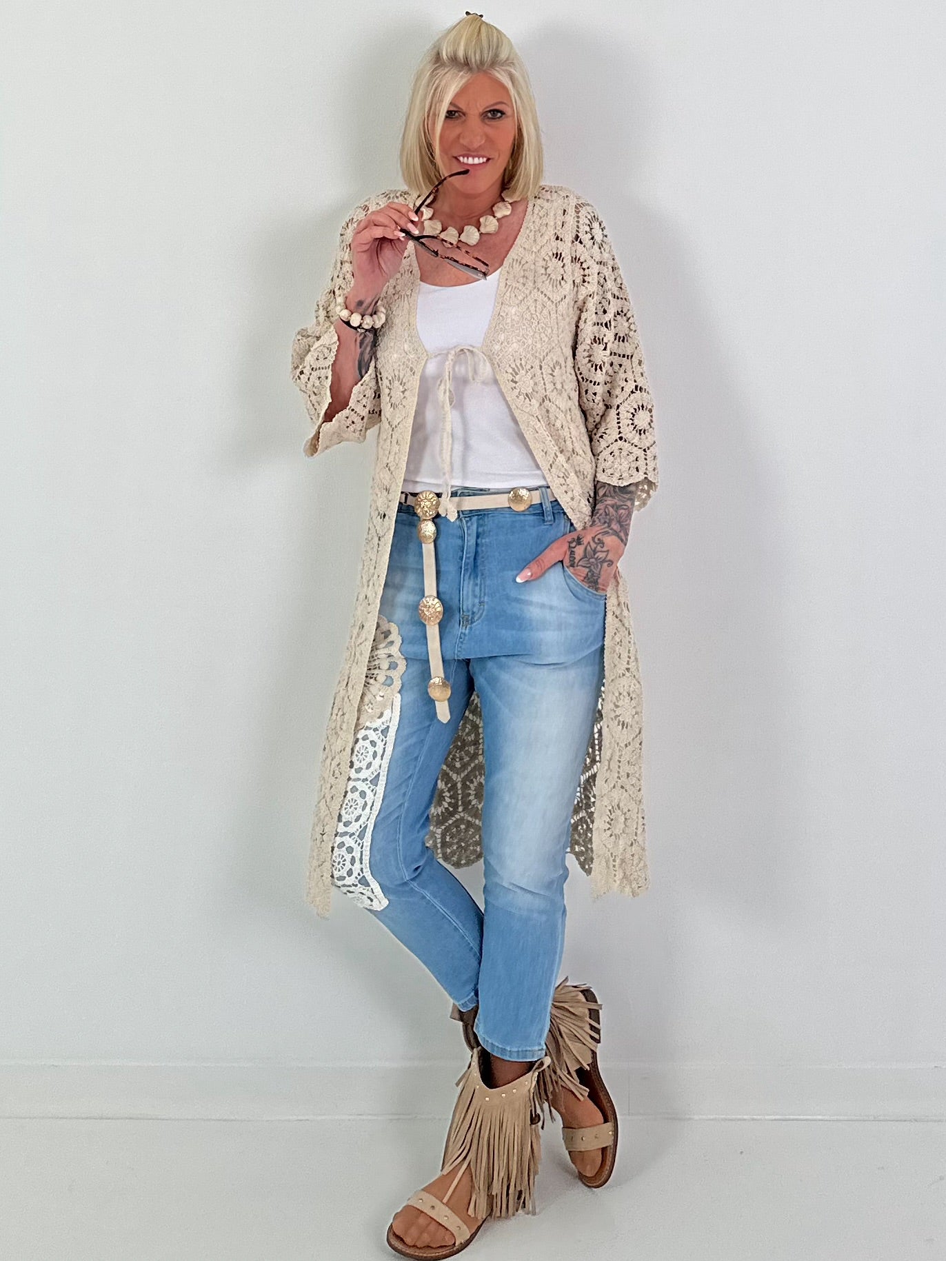 Häkelmantel zum Binden - beige