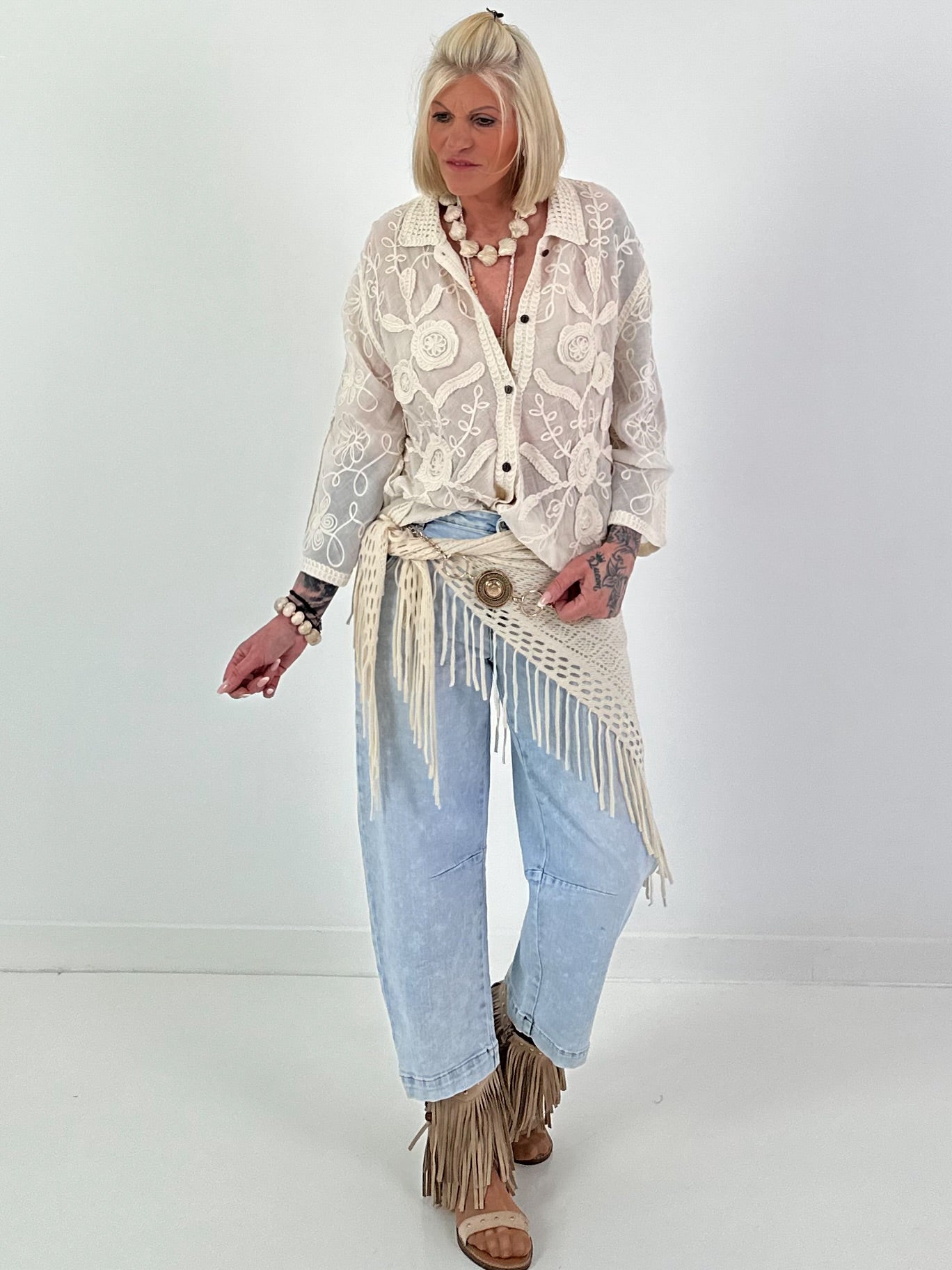 Boho Blouse with Crochet Collar - Beige