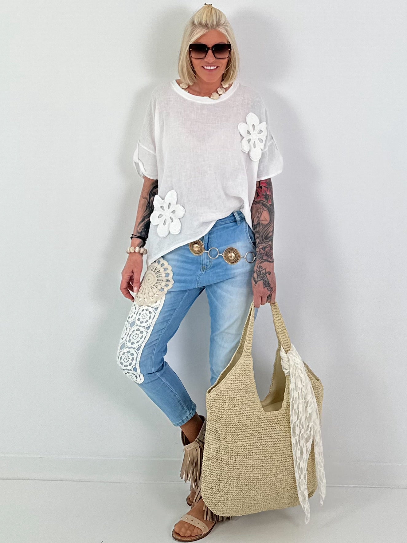Linen Shirt with Crocheted Flowers - white