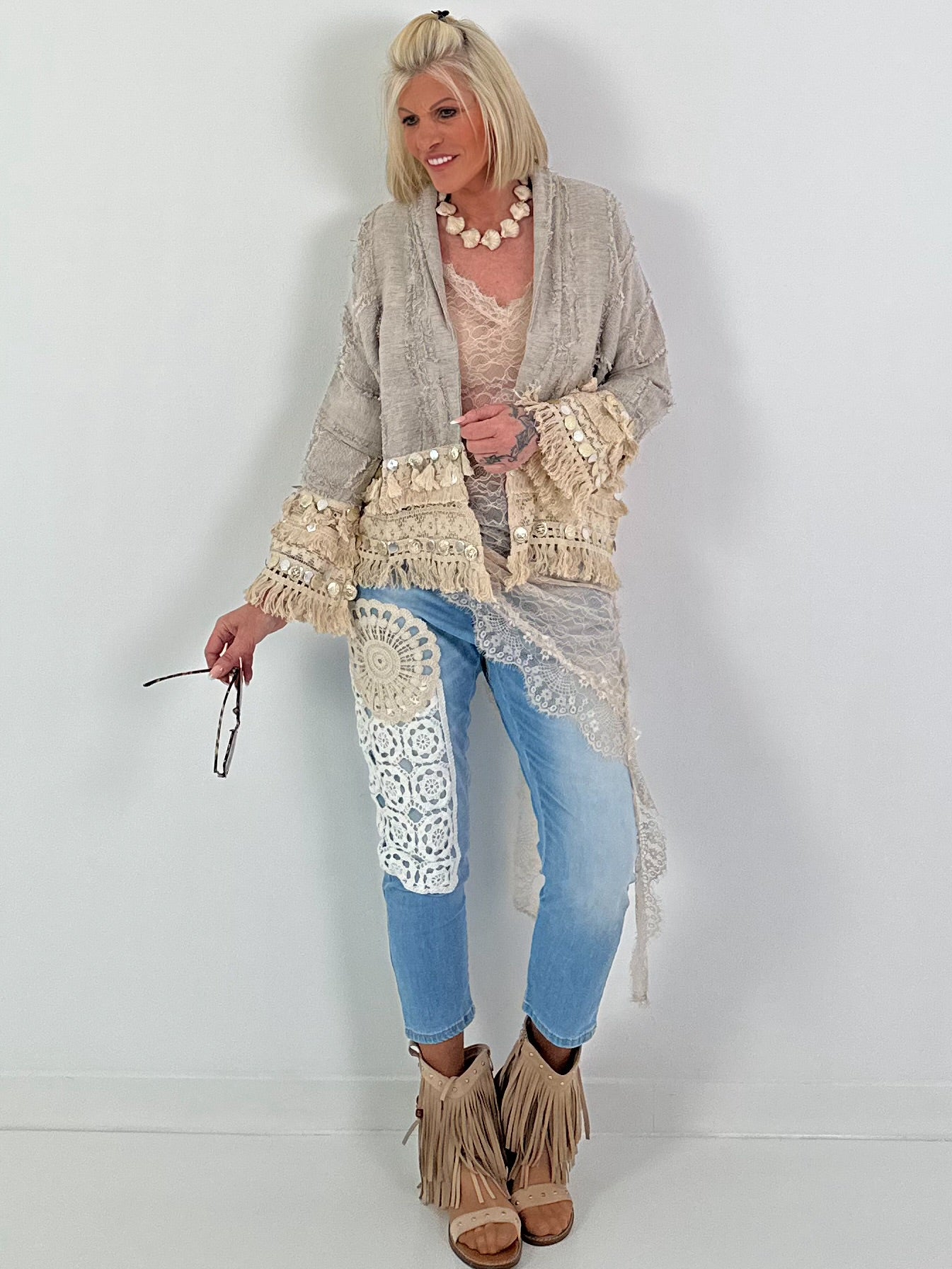 Boho-jasje met uitgebreide details - beige-blauw