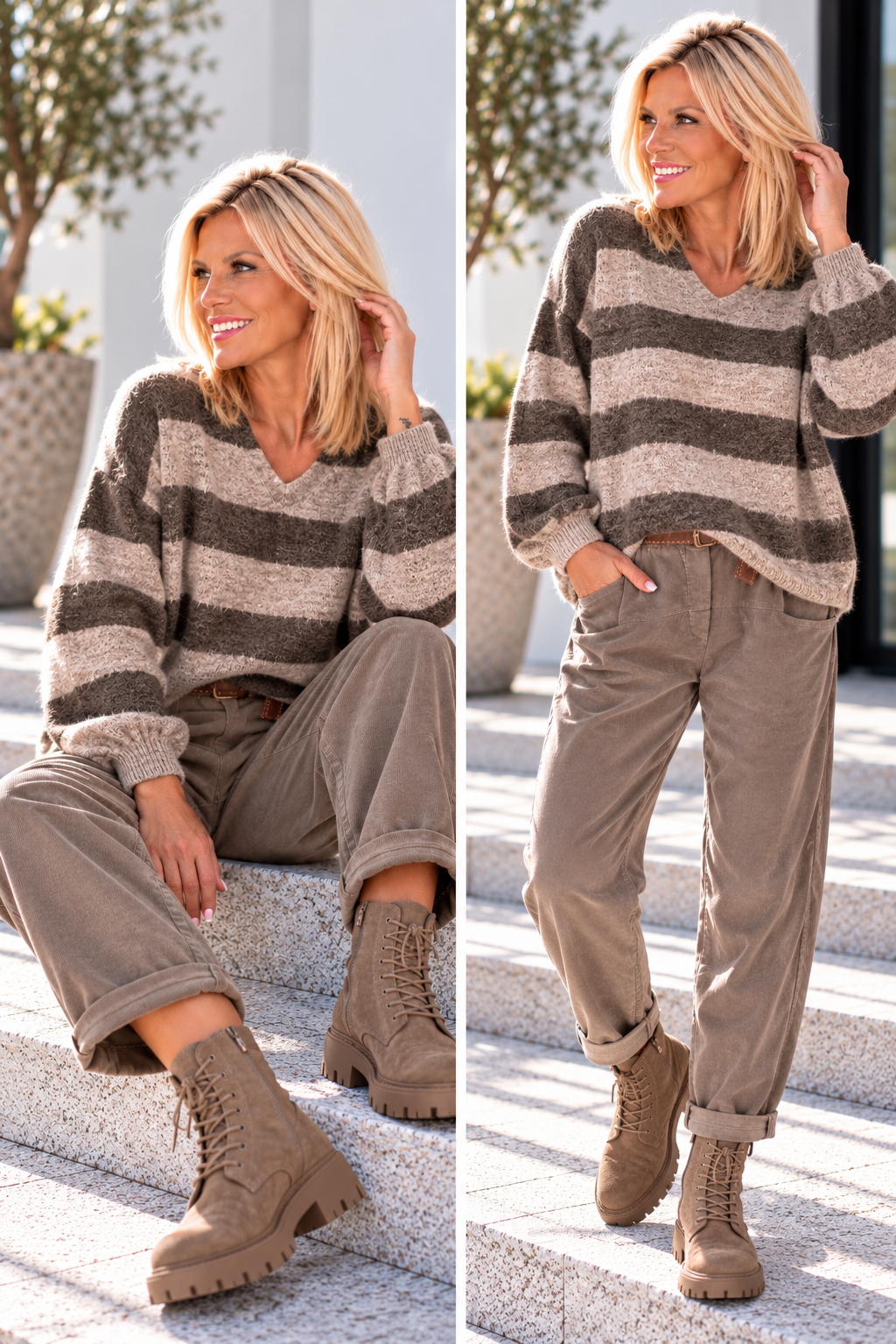 Lässige Hose mit großen Taschen und Gürtel - taupe