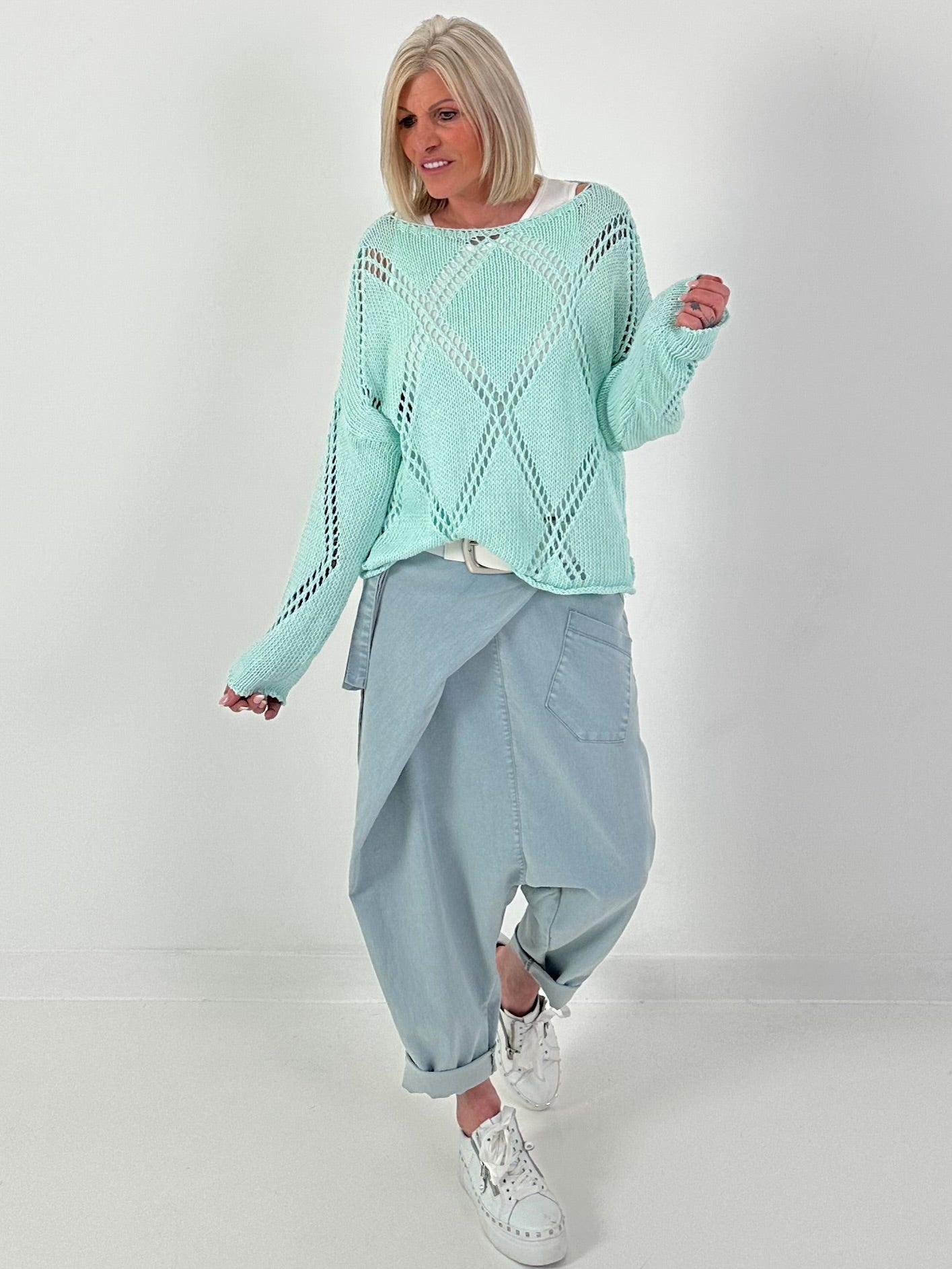 Gehaakte trui met ruitpatroon - mintgroen