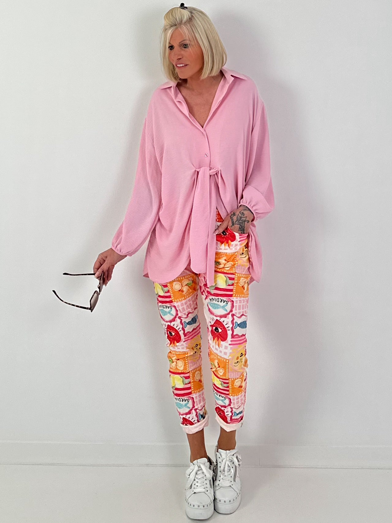Long blouse with tie — pink