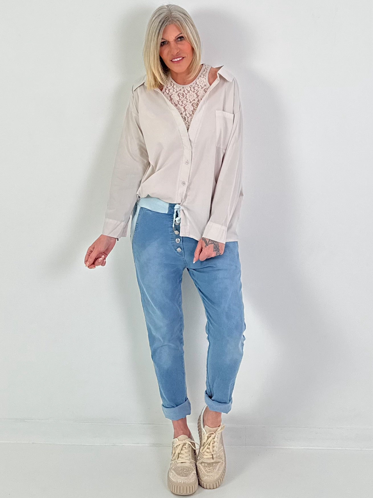 Blouse with lace top - beige